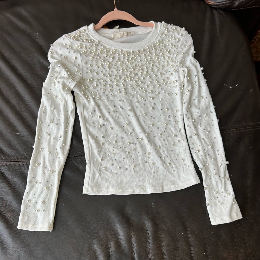 White Long Sleeve Top with Pearl Embellishments